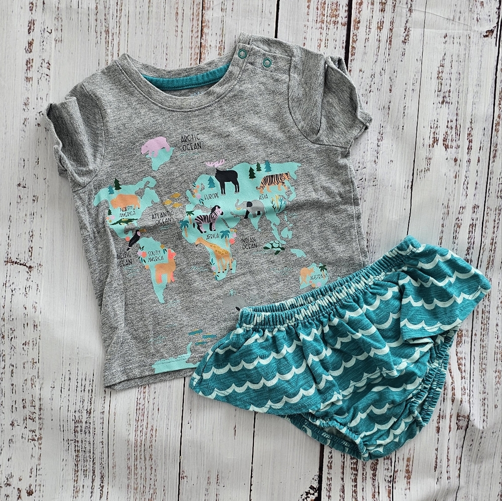 Gray and Teal Animal Print Baby Outfit